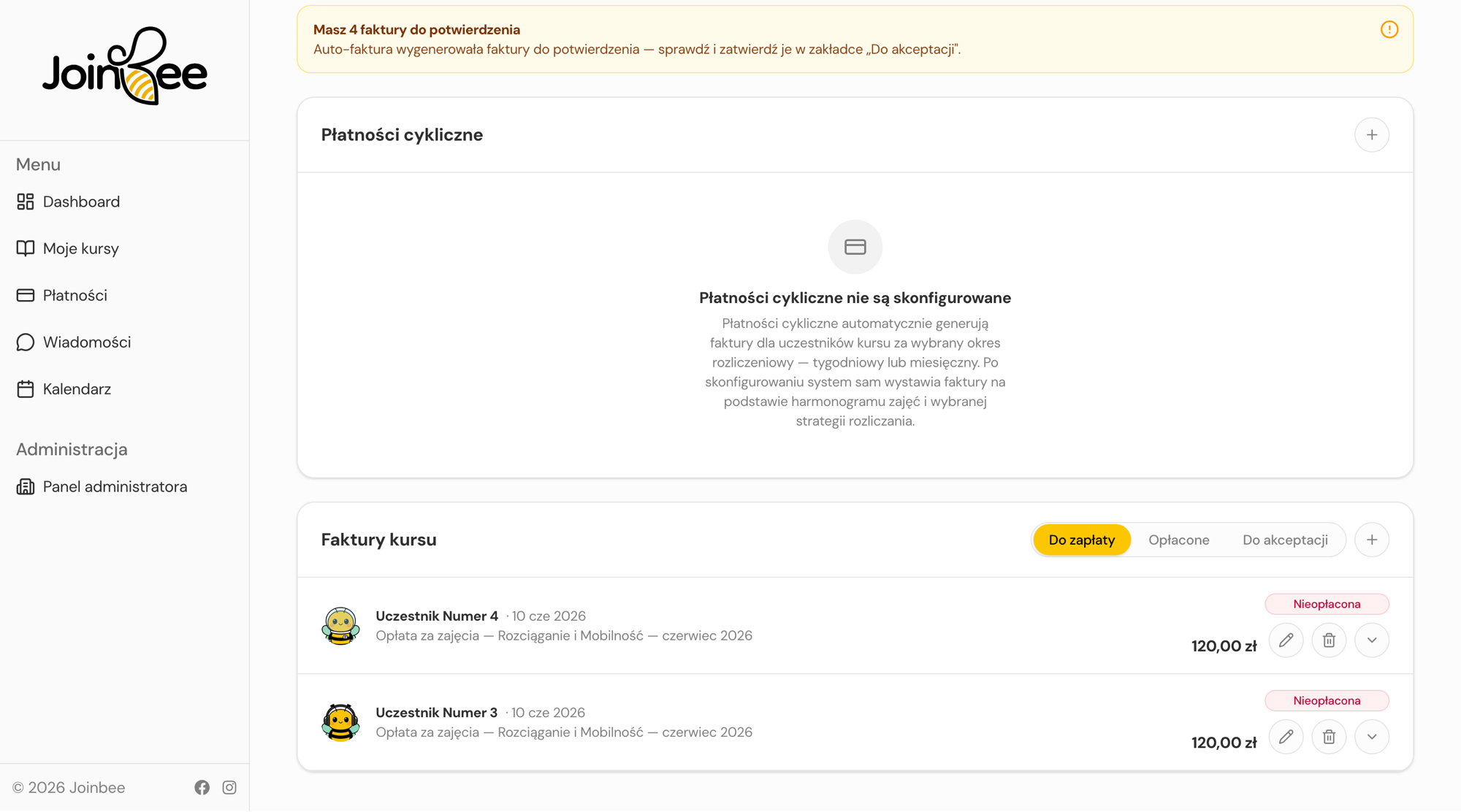 Kurs — zakładka Płatności