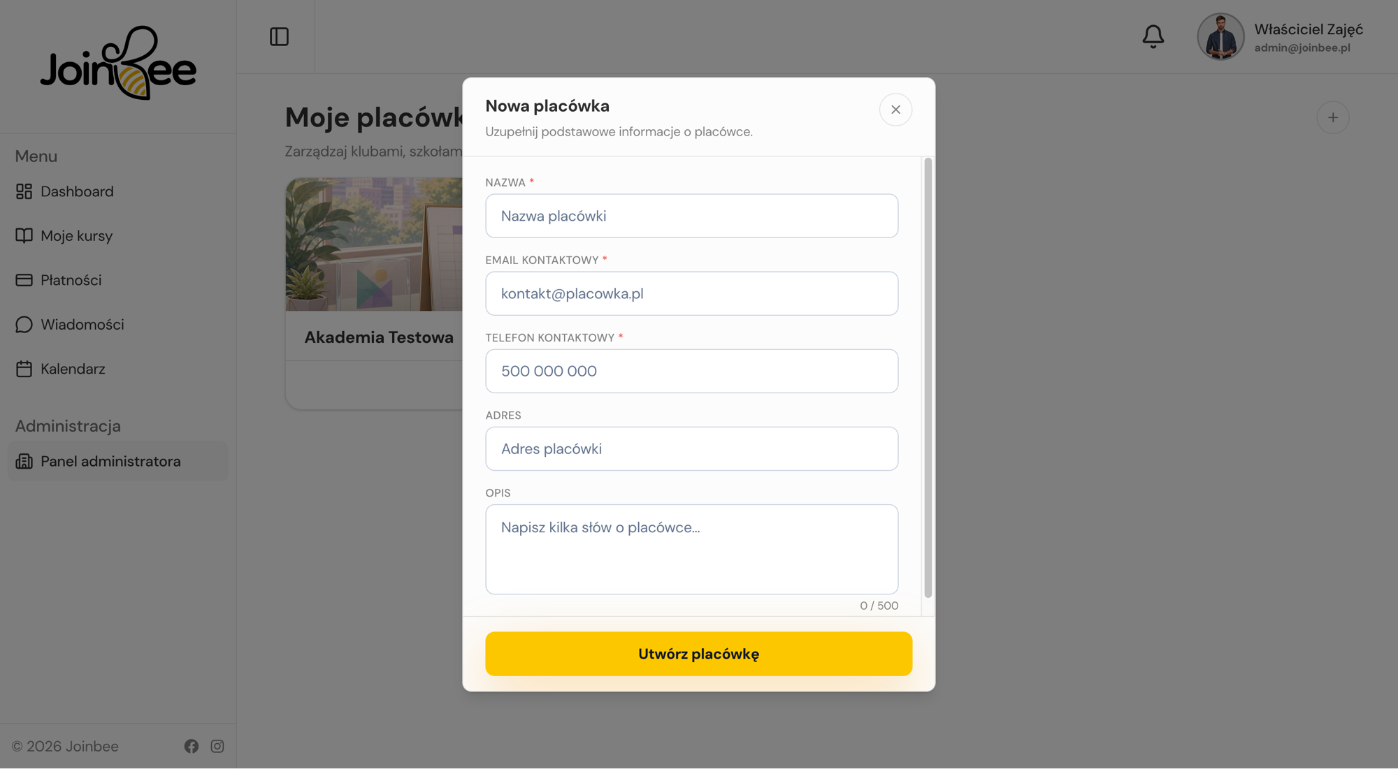 Formularz nowej placówki