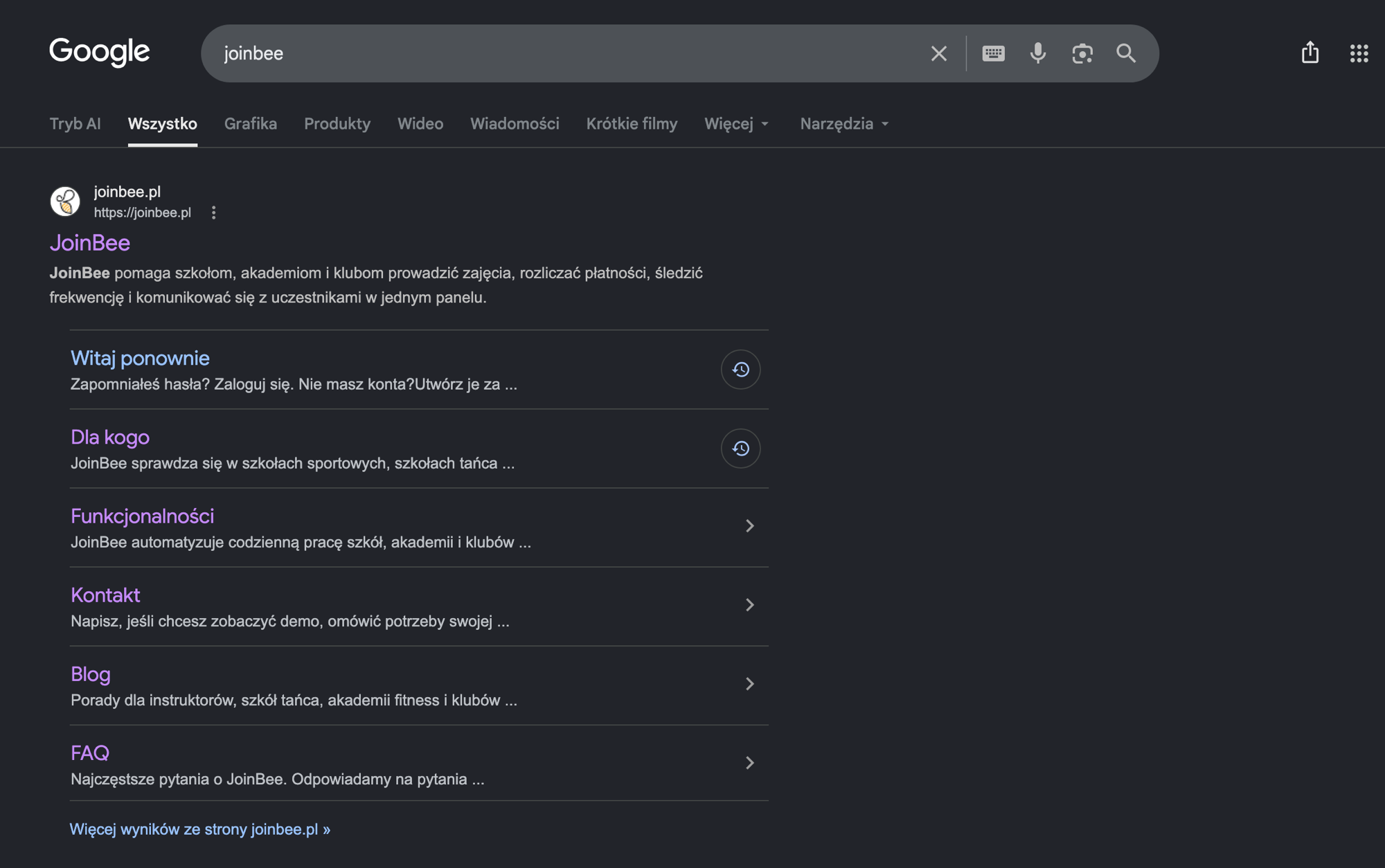 Wyniki wyszukiwania JoinBee w Google