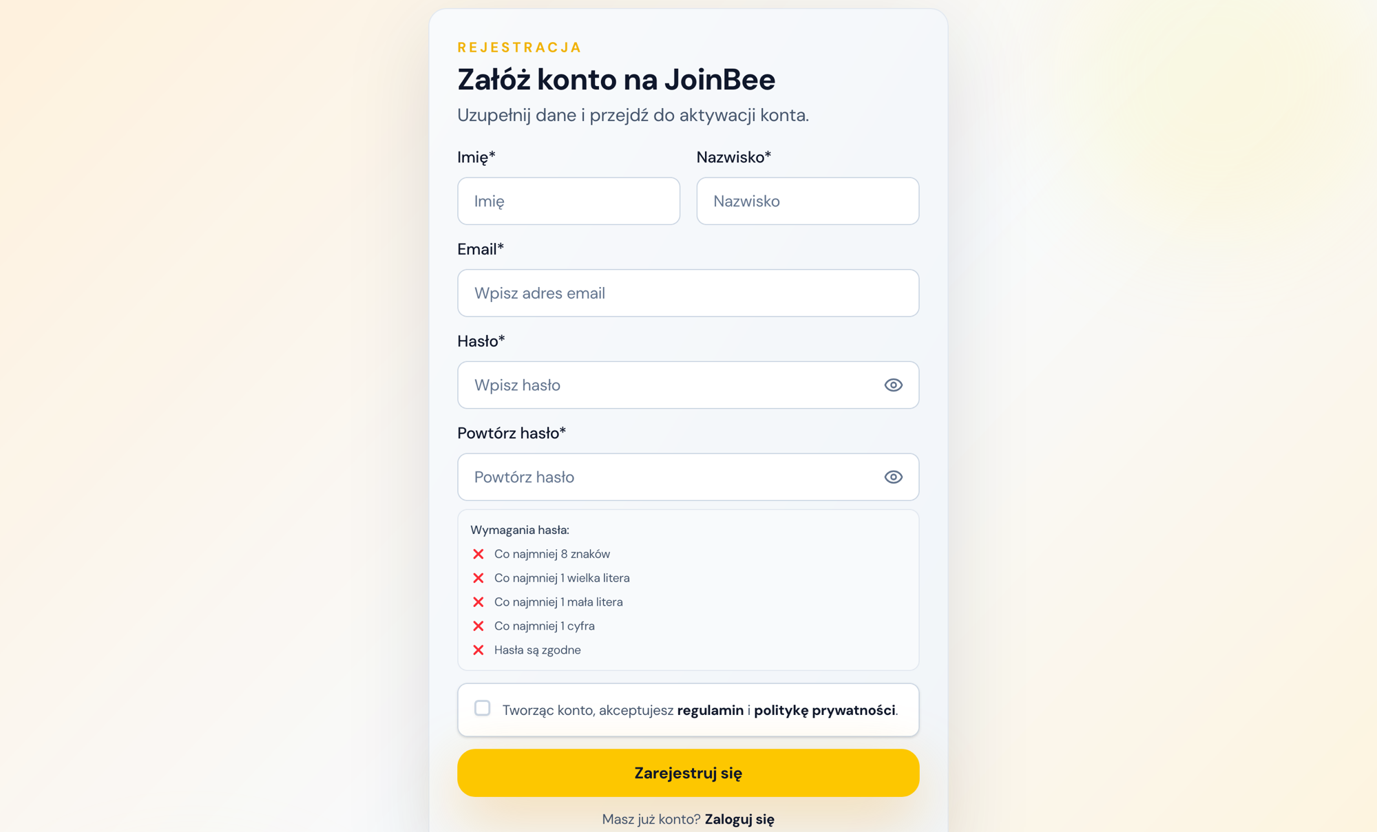 Formularz rejestracji JoinBee