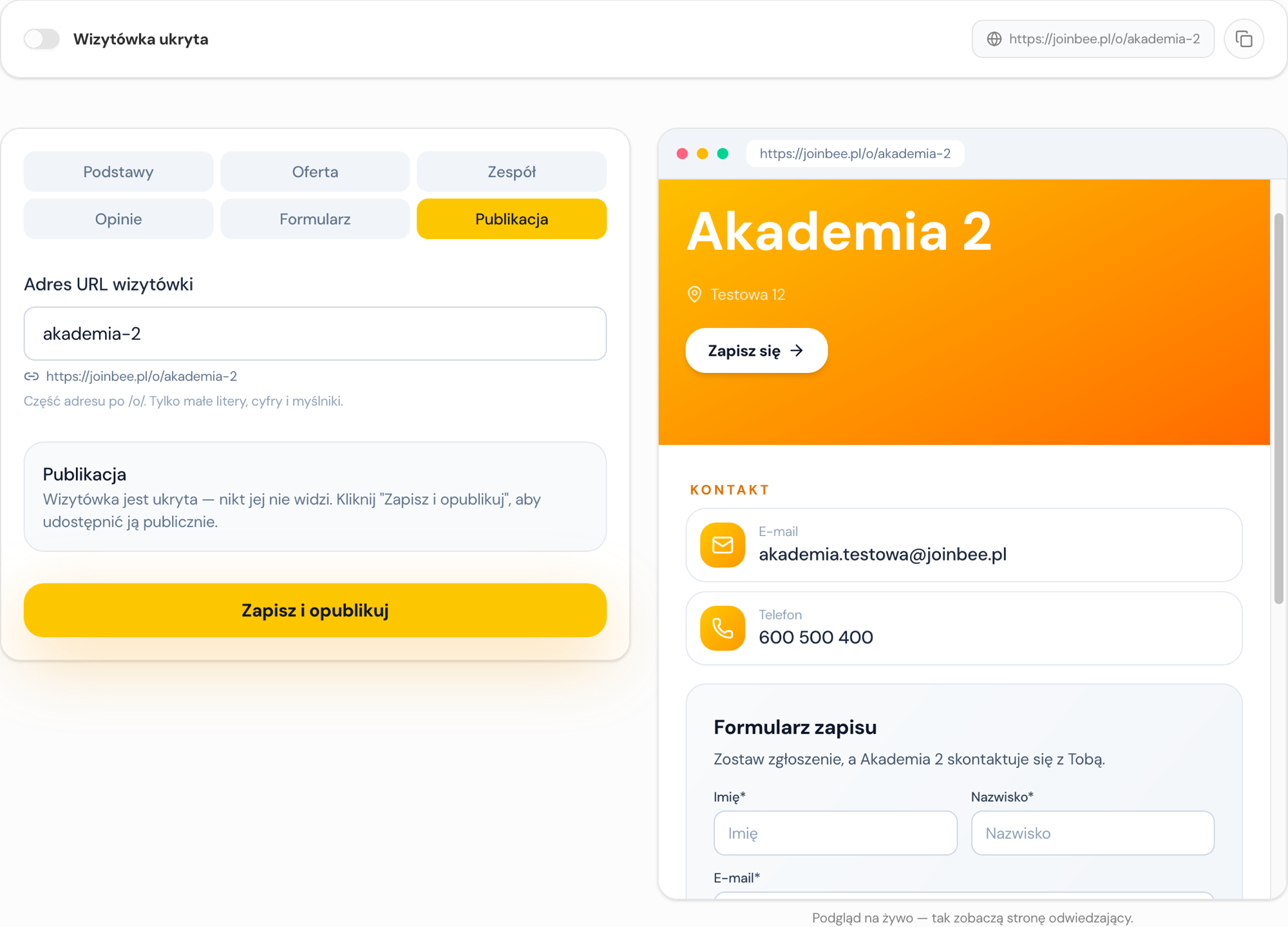 Publikacja wizytówki — wybór adresu URL